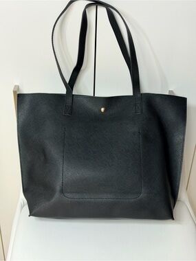 Classic Plain Black Faux Leather Tote Bag with Inside Pocket Laptop Professional